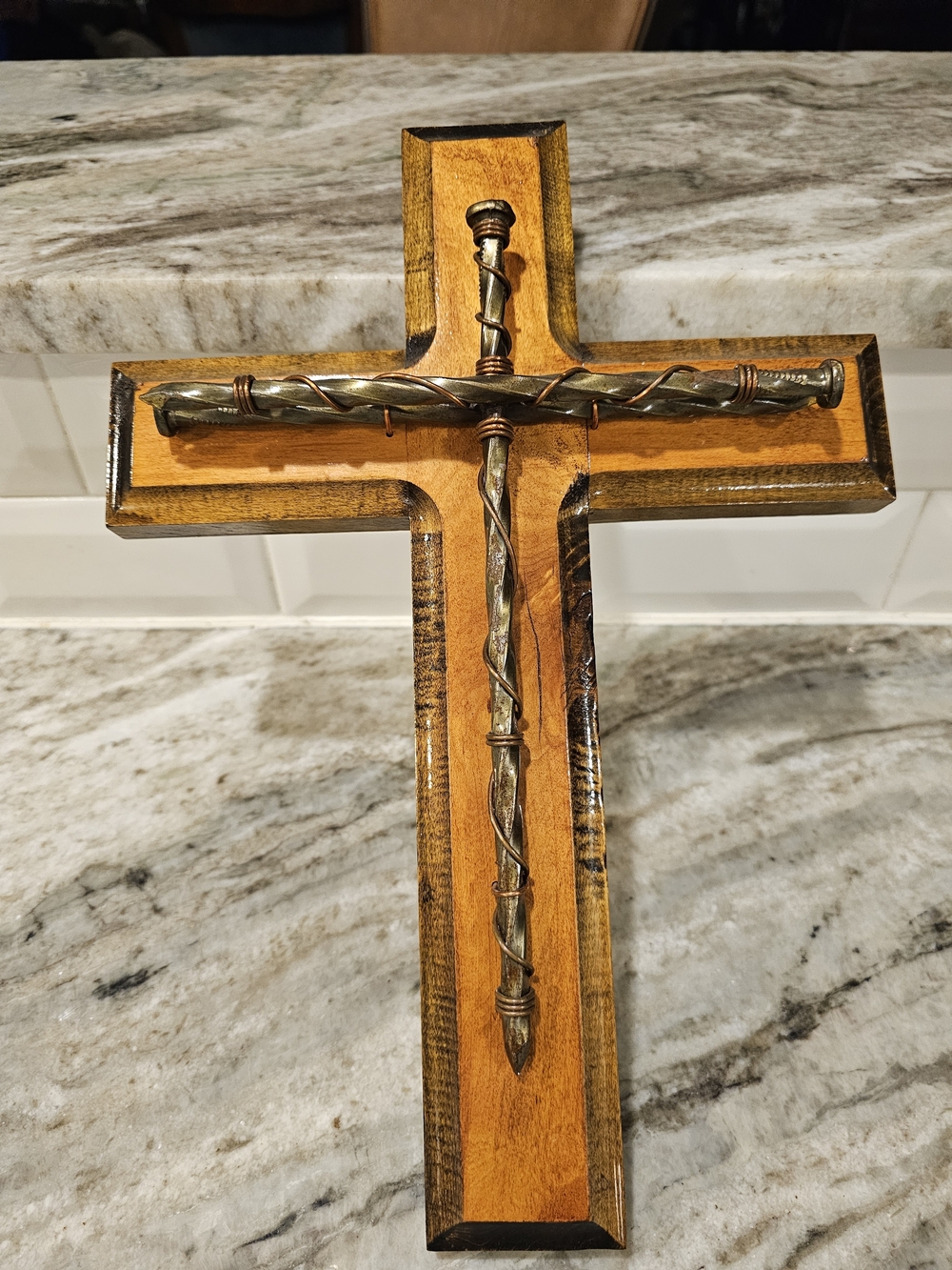 Hand Made Wall Art Wooden & Nail Cross 13"×10"